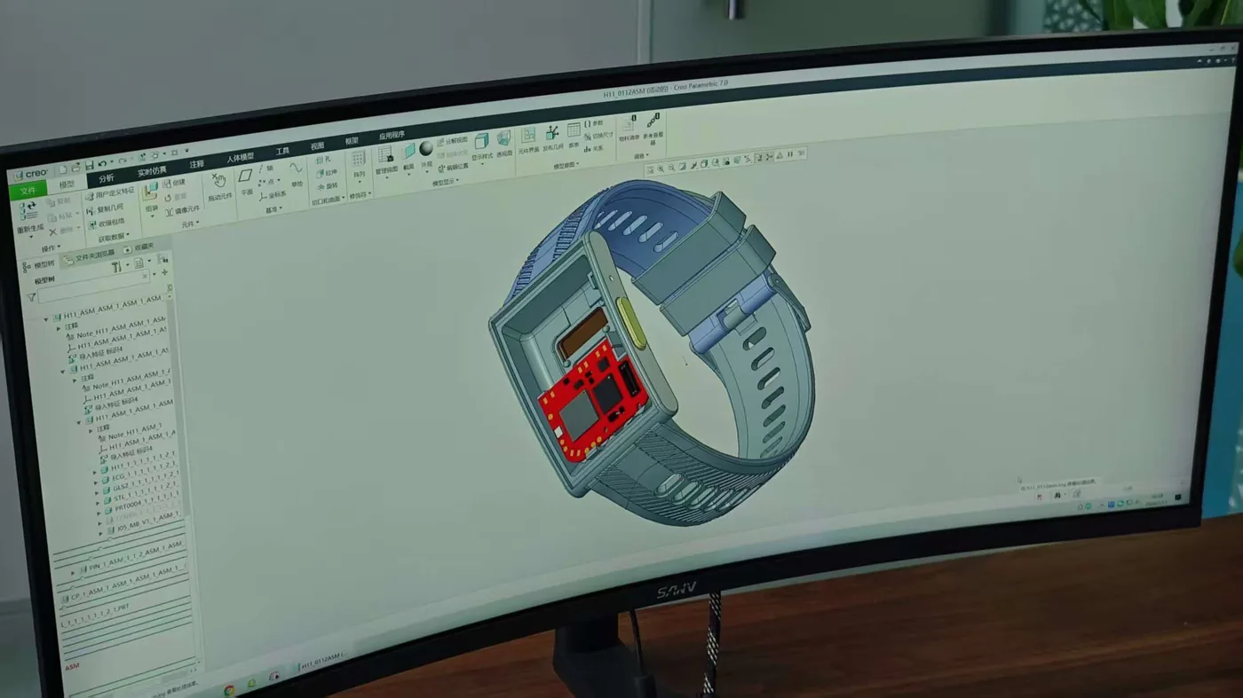 Smartwatch engineering design displayed on a workstation monitor
