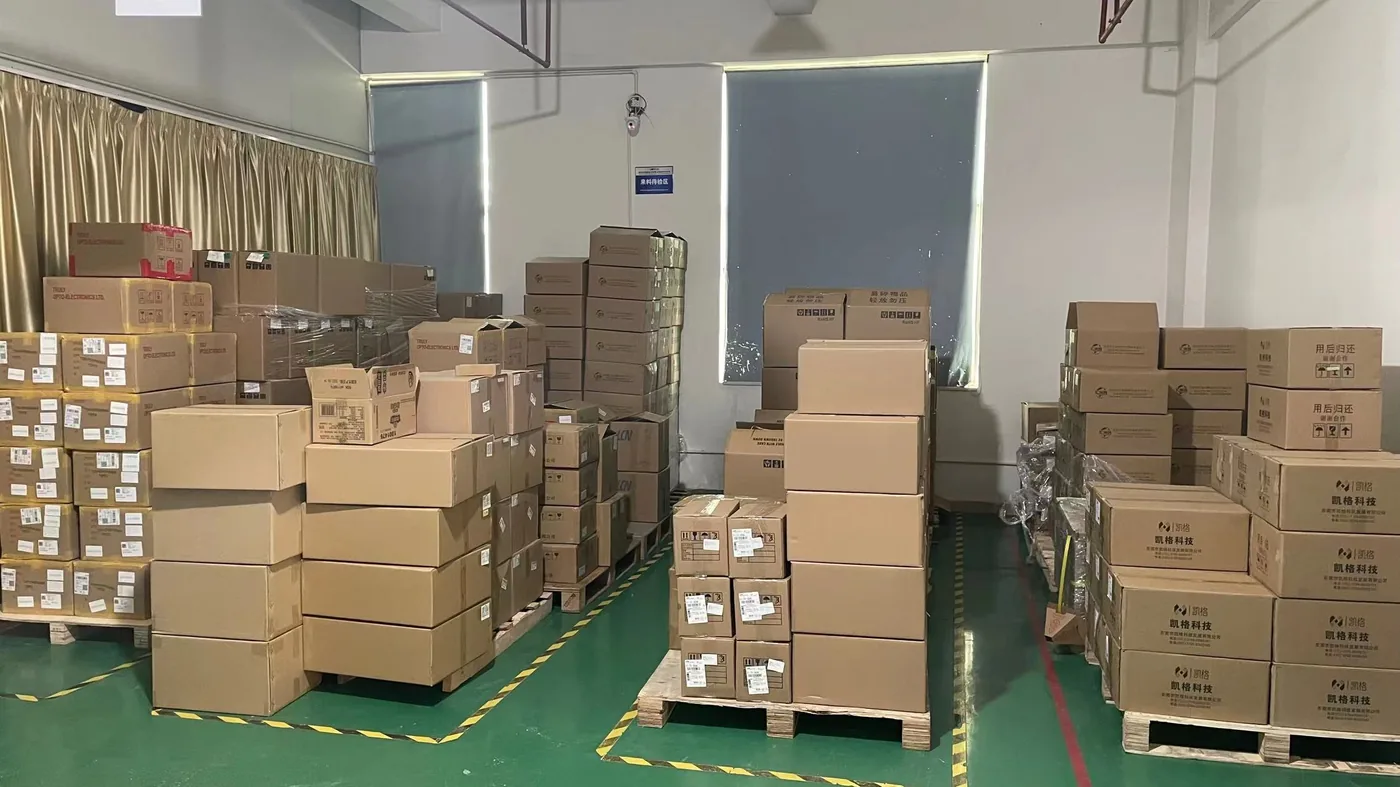 Finished-goods warehouse at the VitalWatch production base in Shenzhen