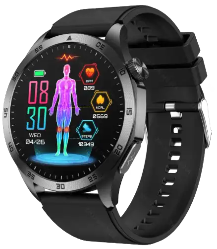 ET485 black AMOLED smartwatch showing ECG-based health interface