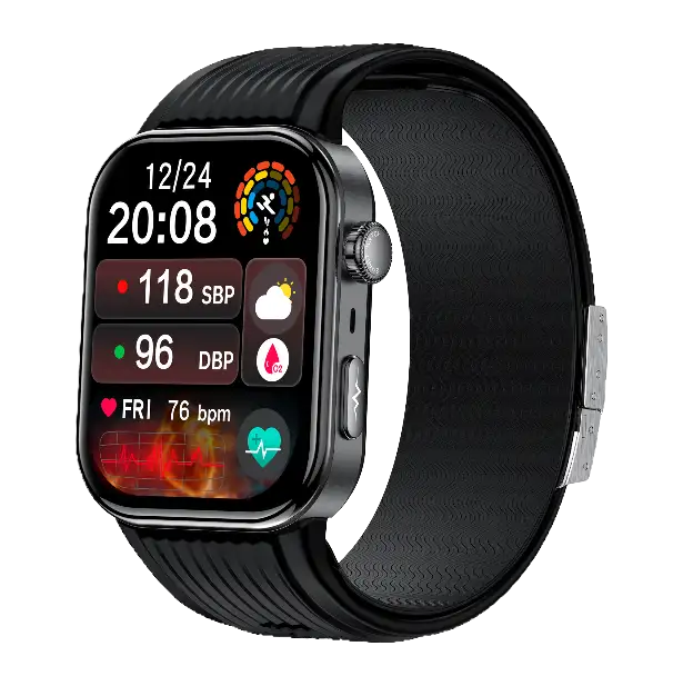 S191 black air-pump blood pressure smartwatch displaying systolic and diastolic readings