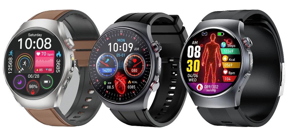 VitalWatch health monitoring smartwatches: silver ECG watch, black Bluetooth calling watch, and black air-pump blood pressure watch showing heart rate, SpO2 and blood pressure readings