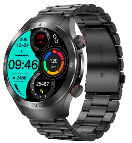 E800 · ECG Smartwatch with Dual-Probe Sensor — black health monitoring smartwatch, front view, VitalWatch Tech OEM/ODM manufacturer
