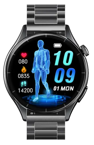 ET458 · GPS Outdoor Sports Smartwatch — black health monitoring smartwatch, front view, VitalWatch Tech OEM/ODM manufacturer