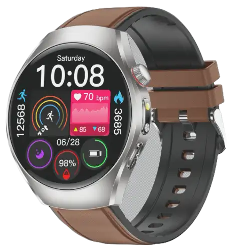 ET460 · Dual-Probe ECG Calling Smartwatch — black health monitoring smartwatch, front view, VitalWatch Tech OEM/ODM manufacturer