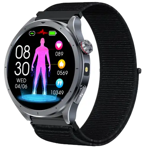 ET472 · Women's Health ECG Smartwatch — black health monitoring smartwatch, front view, VitalWatch Tech OEM/ODM manufacturer
