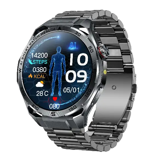 ET474 · AI ECG Bluetooth Calling Smartwatch — black health monitoring smartwatch, front view, VitalWatch Tech OEM/ODM manufacturer