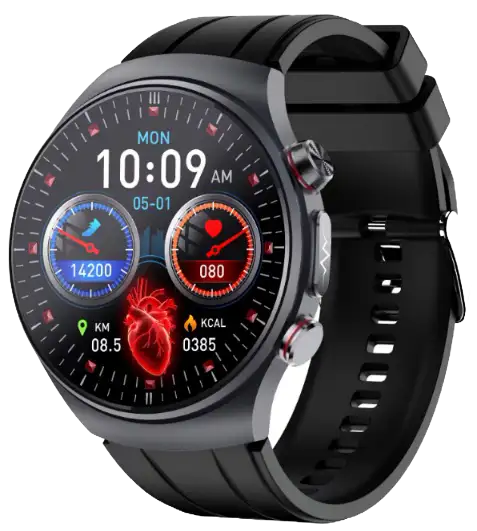 ET488 · Air-Pump Blood Pressure ECG Smartwatch — black health monitoring smartwatch, front view, VitalWatch Tech OEM/ODM manufacturer