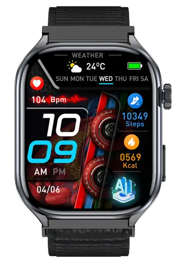 ET572 · Air-Pump Blood Pressure ECG Smartwatch — black health monitoring smartwatch, front view, VitalWatch Tech OEM/ODM manufacturer