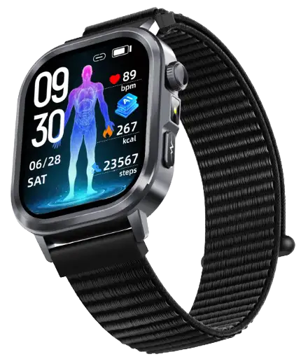 ET573 · GPS Outdoor Sports Smartwatch — black health monitoring smartwatch, front view, VitalWatch Tech OEM/ODM manufacturer