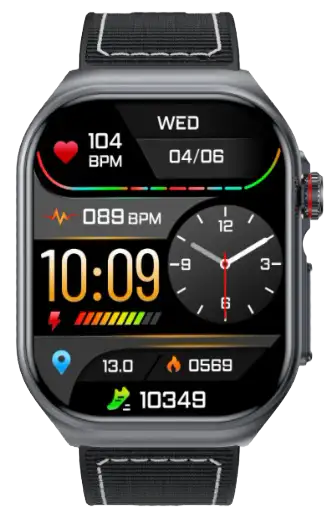 ET585 · AI Sports ECG Smartwatch — black health monitoring smartwatch, front view, VitalWatch Tech OEM/ODM manufacturer