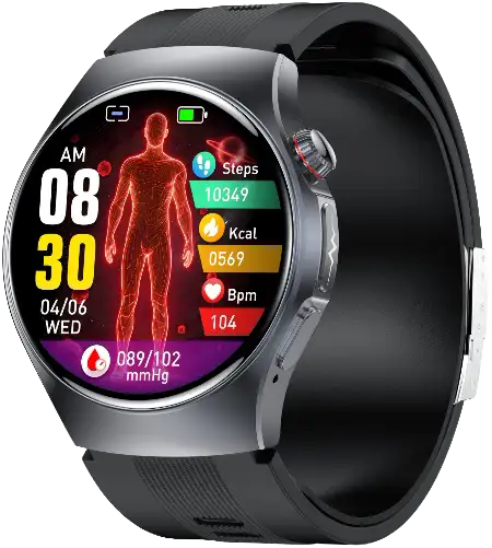 GS206 · 4G Air-Pump Blood Pressure Smartwatch — black health monitoring smartwatch, front view, VitalWatch Tech OEM/ODM manufacturer